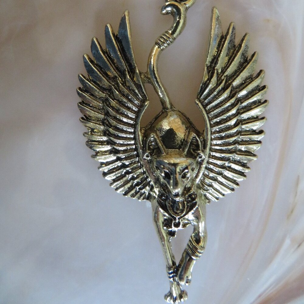 Egyptian Style Cat Pendant Gold Tone Metal 3D 2.75" (F71)